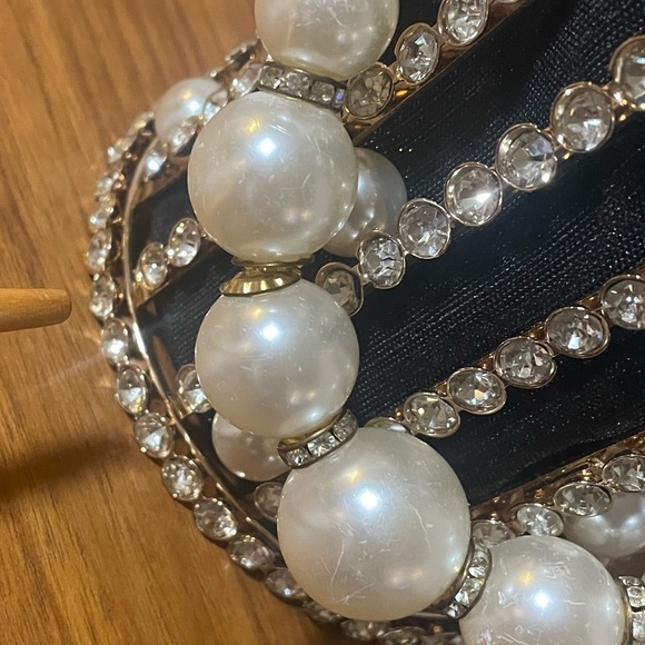 Metallic Cage Evening Bag with Pearls & Rhinestones Bucket Clutch Purse - Picture 11 of 14